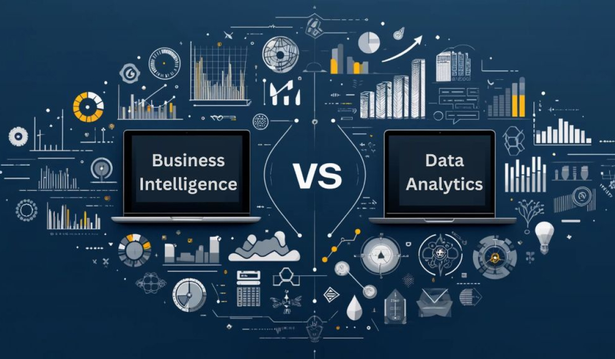 Business Intelligence vs. Data Analytics Explained with analytics symbols.